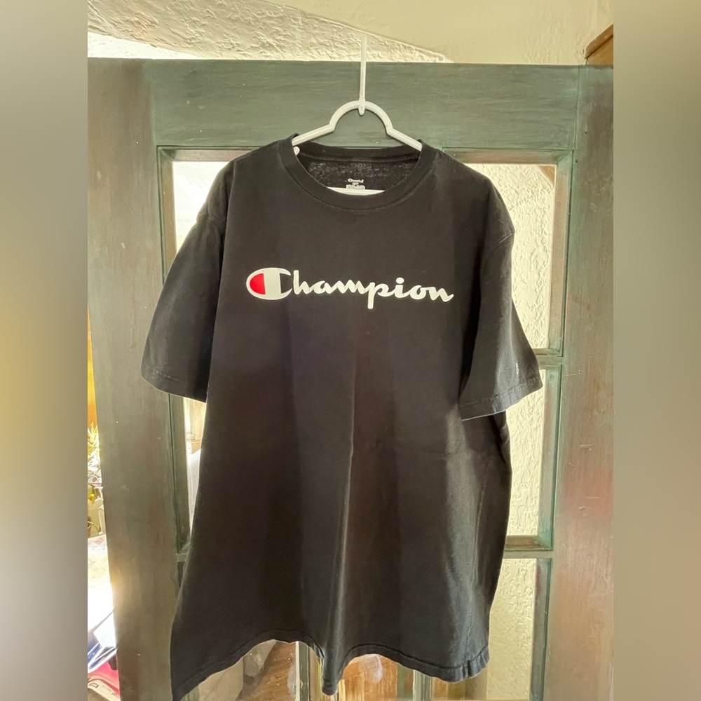 Champion Black Crewneck Tee with White Label Print